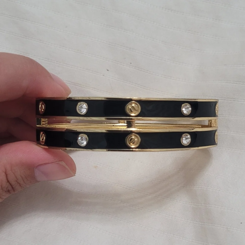 Screw Bracelet Black Enamel and Rhinestones Clamp Closure